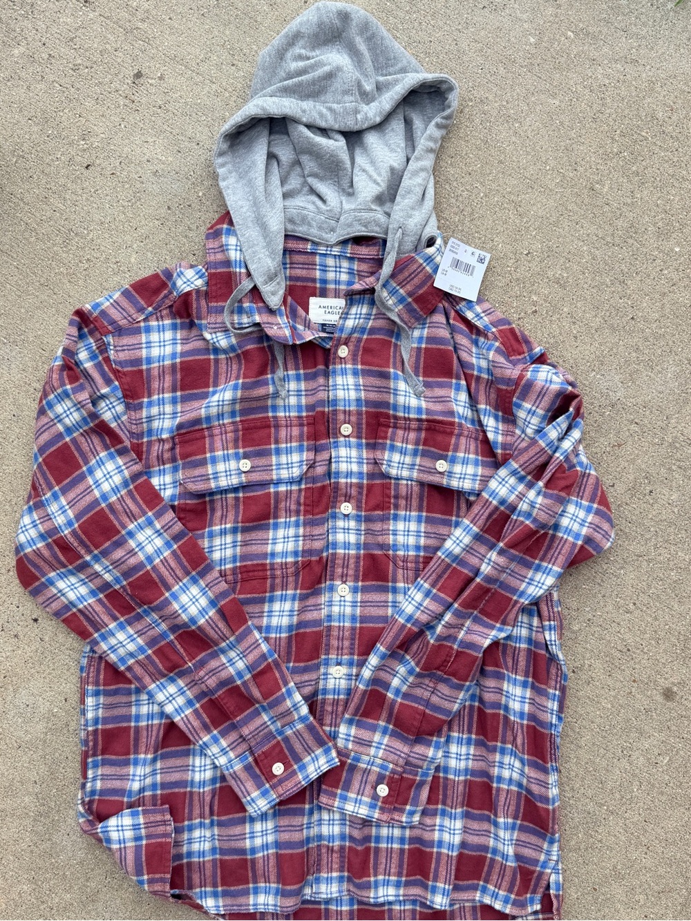 American Eagle Outfitters Red White Blue Plaid Hooded Button-Down M Shirt